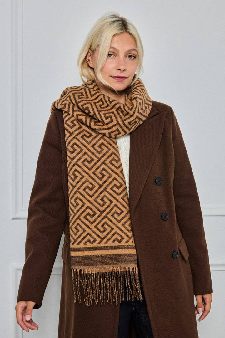 Écharpe en laine motif géométrique : Brun / 30% Laine - 70% Viscose