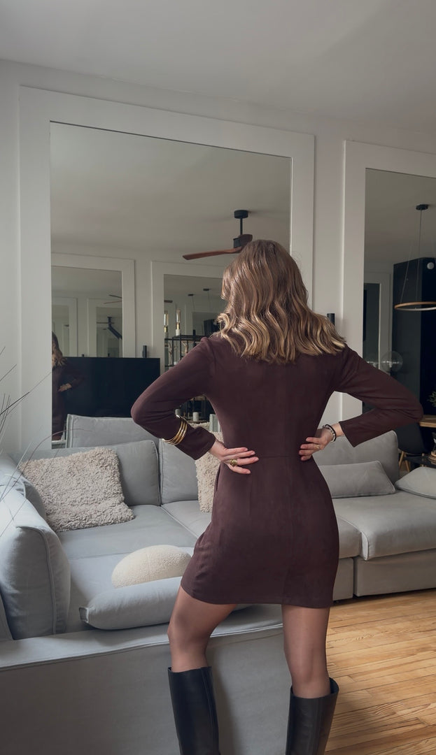 Robe zippée effet suédine - Marron chocolat