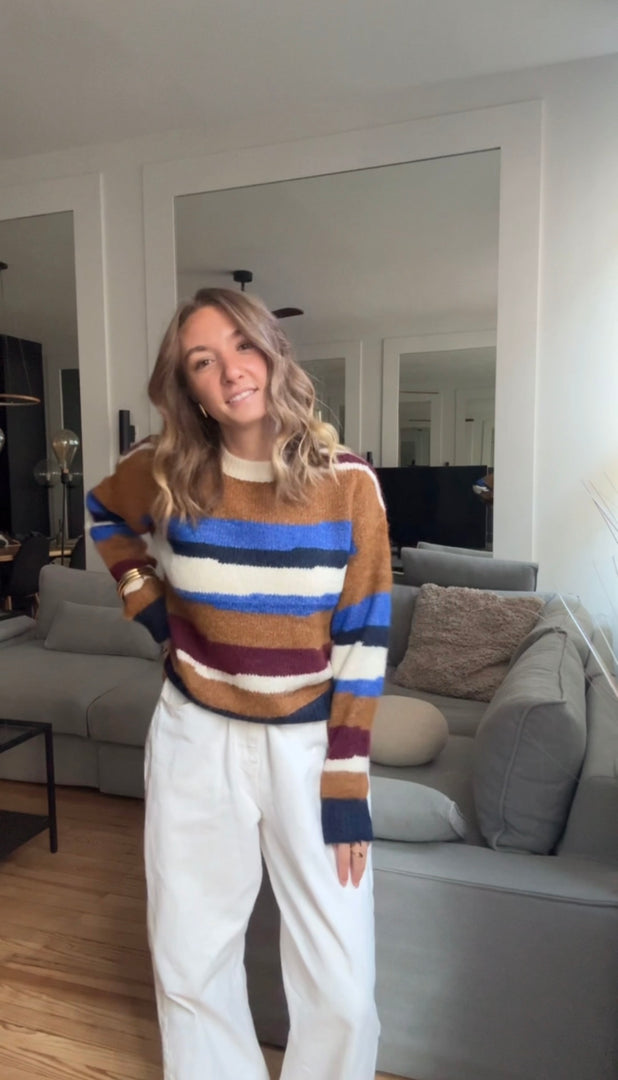 Pull moelleux à rayures camel&bleu