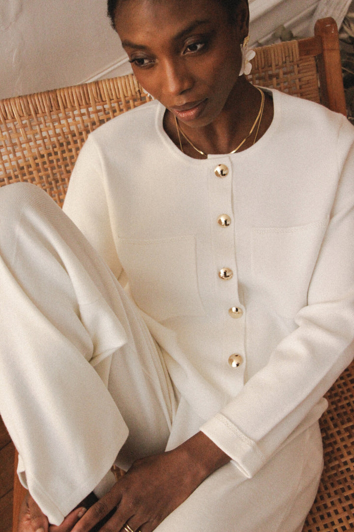 Veste en laine avec finition crochet crème