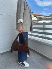 JANE - franges en daim véritable: Marron foncé