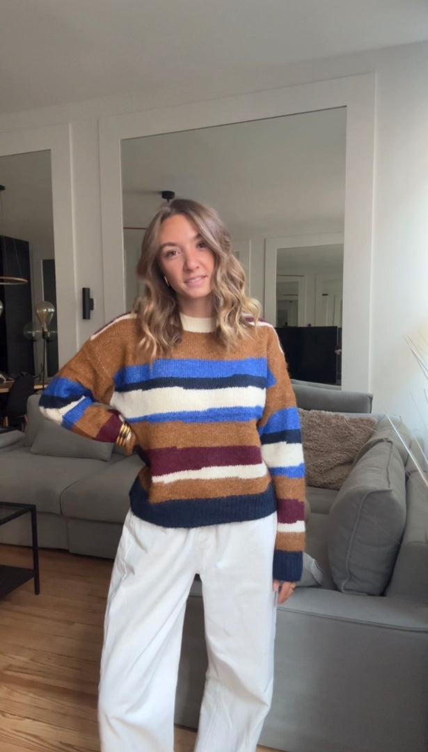 Pull moelleux à rayures camel&bleu