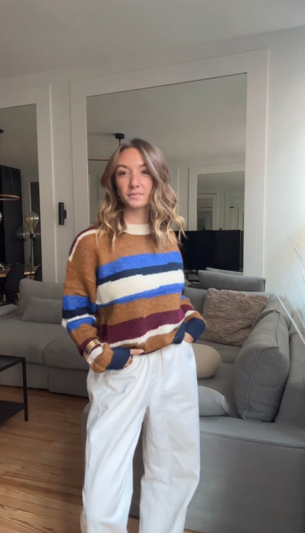 Pull moelleux à rayures camel&bleu