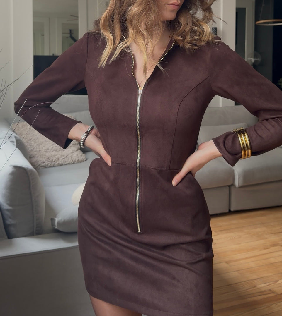 Robe zippée effet suédine - Marron chocolat