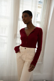Pull en laine et coton avec patte de boutonnage bordeaux