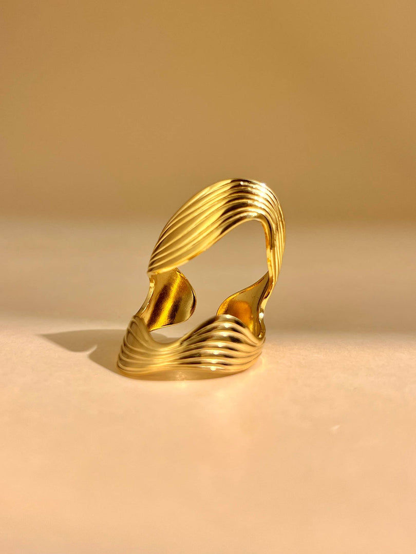 Bague acier inoxydable ajustable  doré  design vague moderne